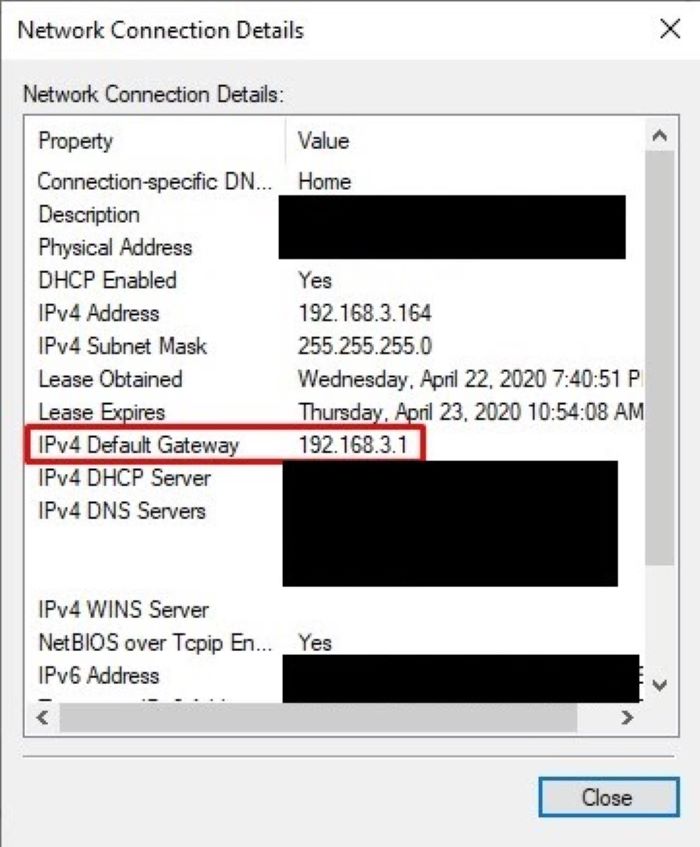 Địa chỉ IP trên Network Connection Details