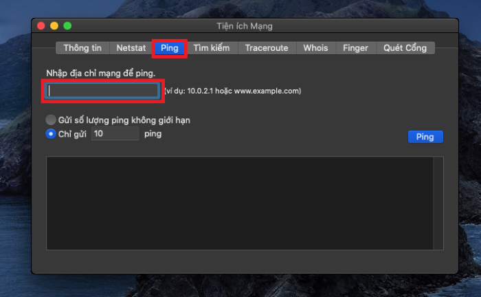 Nhập địa chỉ ID mạng để kiểm tra Ping