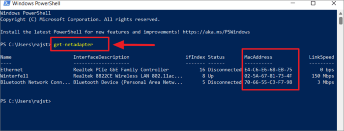 Tìm địa chỉ MAC bằng Windows PowerShell