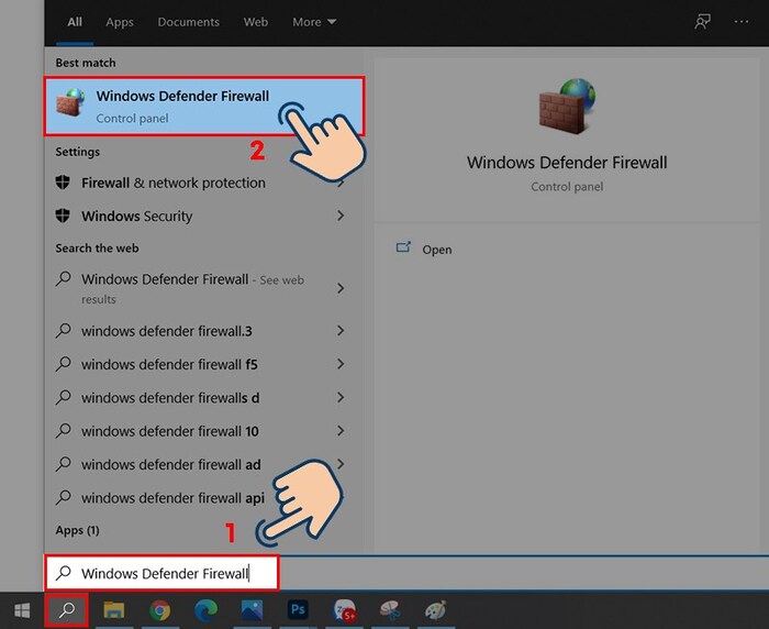 Tìm kiếm Windows Defender Firewall trên thanh tìm kiếm